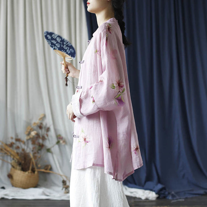 Buddha Stones Pink Flower Print Frog-button Design Batwing Long Sleeve Ramie Linen Jacket Shirt