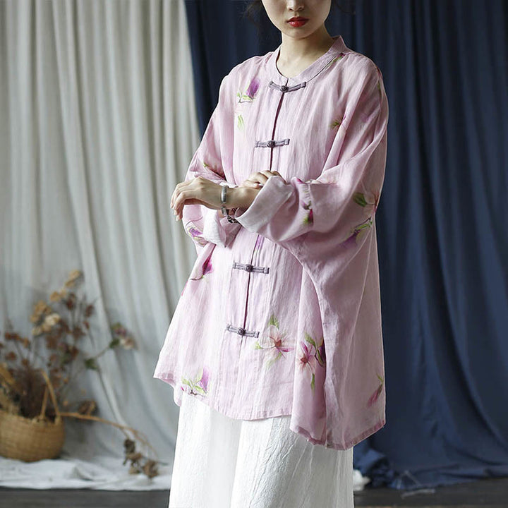 Buddha Stones Pink Flower Print Frog-button Design Batwing Long Sleeve Ramie Linen Jacket Shirt