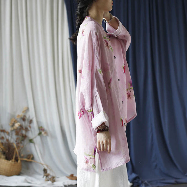 Buddha Stones Pink Flower Print Frog-button Design Batwing Long Sleeve Ramie Linen Jacket Shirt - image 18