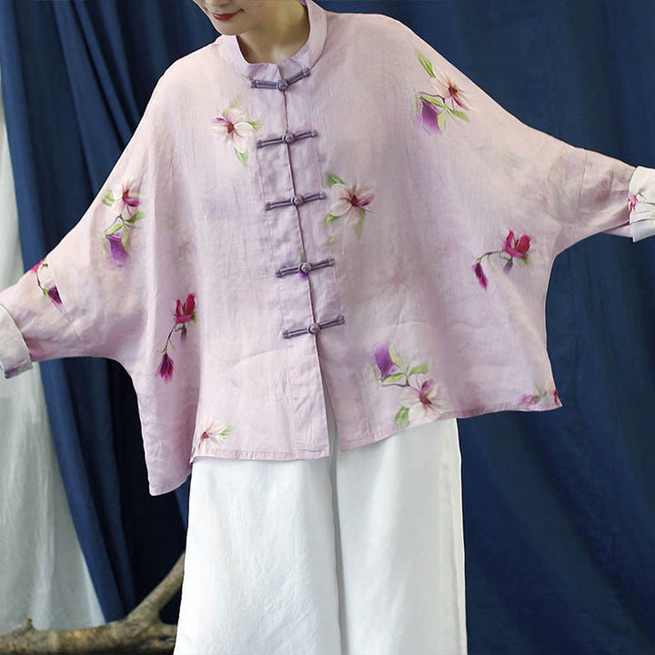 Buddha Stones Pink Flower Print Frog-button Design Batwing Long Sleeve Ramie Linen Jacket Shirt