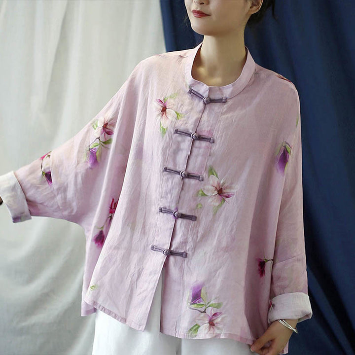 Buddha Stones Pink Flower Print Frog-button Design Batwing Long Sleeve Ramie Linen Jacket Shirt