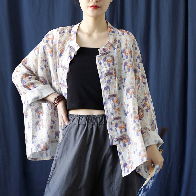 Buddha Stones Elephant Print Frog-button Design Batwing Long Sleeve Ramie Linen Jacket Shirt