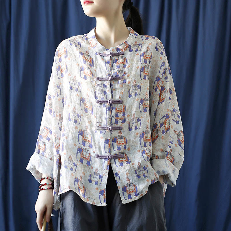 Buddha Stones Elephant Print Frog-button Design Batwing Long Sleeve Ramie Linen Jacket Shirt