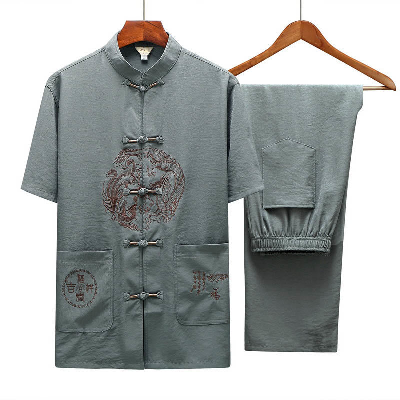 Buddha Stones Dragon Fu Character Tang Suit Traditional Short Sleeve Shirt Wide Leg Pants Clothing Men's Set - image 15