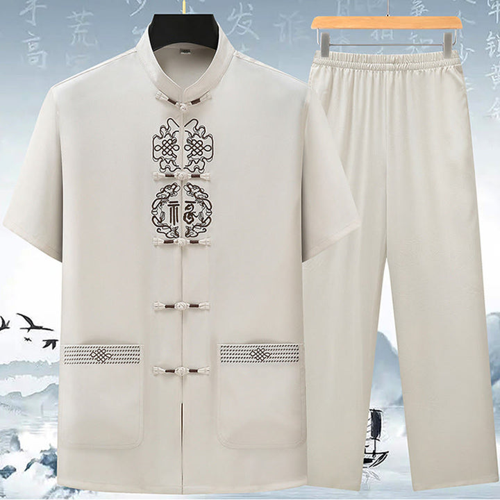 Buddha Stones Fu Character Chinese Knotting Embroidery Tang Suit Traditional Short Sleeve Top Pants Clothing Men's Set - Beige(Top&Pants) - US/UK/AU42，EU52 (3XL) - image 0