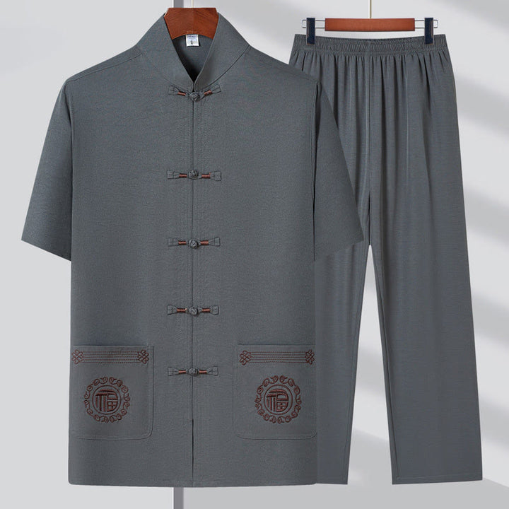 Buddha Stones Fu Character Embroidery Tang Suit Traditional Frog-Button Short Sleeve Top Pants Clothing Men's Set - Gray(Top&Pants) - US/UK/AU44，EU54 (4XL) - image 3