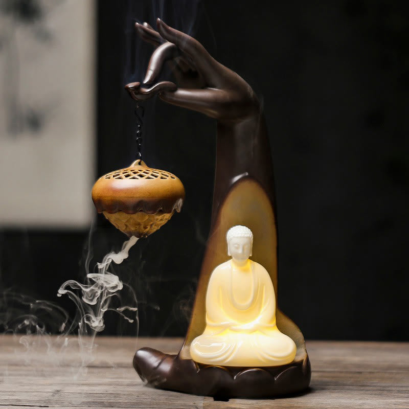 Buddha Stones Led Buddha Hand Backflow Smoke Fountain Healing Ceramic Stick Incense Burner Decoration