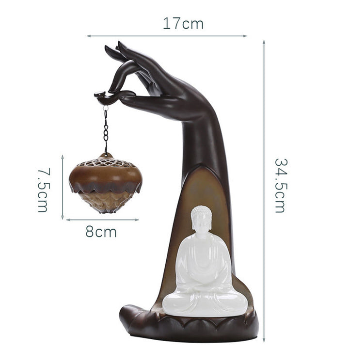 Buddha Stones Led Buddha Hand Backflow Smoke Fountain Healing Ceramic Stick Incense Burner Decoration