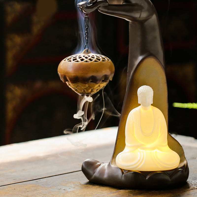 Buddha Stones Led Buddha Hand Backflow Smoke Fountain Healing Ceramic Stick Incense Burner Decoration