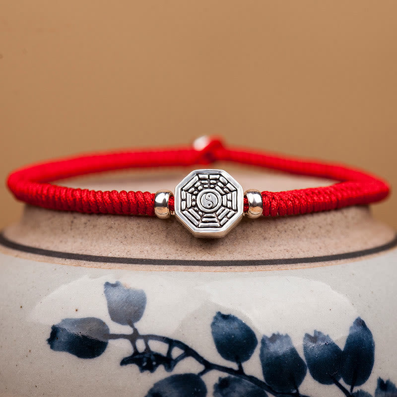 Buddha Stones 925 Sterling Silver Yin Yang Bagua Symbol Cinnabar String Concentration Bracelet - image 0