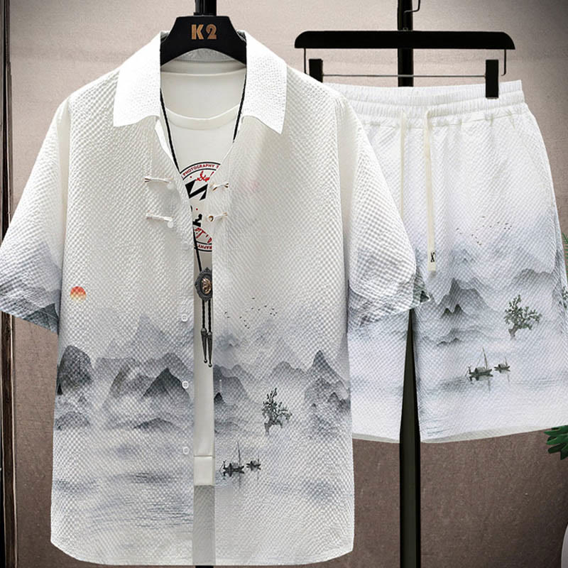 Buddha Stones Landscape Coconut Trees Magpie Pattern Short Sleeve Shorts Men's Set