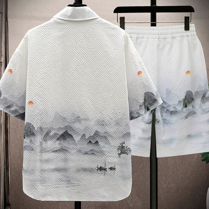 Buddha Stones Landscape Coconut Trees Magpie Pattern Short Sleeve Shorts Men's Set