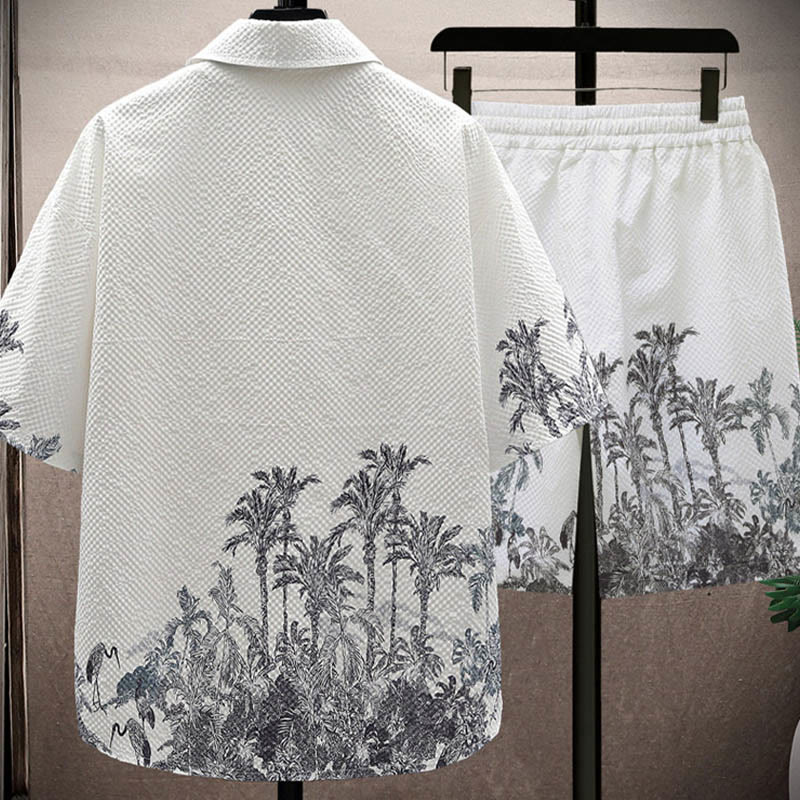 Buddha Stones Landscape Coconut Trees Magpie Pattern Short Sleeve Shorts Men's Set