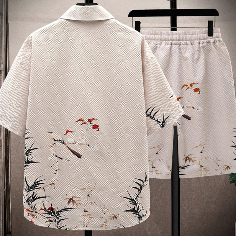 Buddha Stones Landscape Coconut Trees Magpie Pattern Short Sleeve Shorts Men's Set