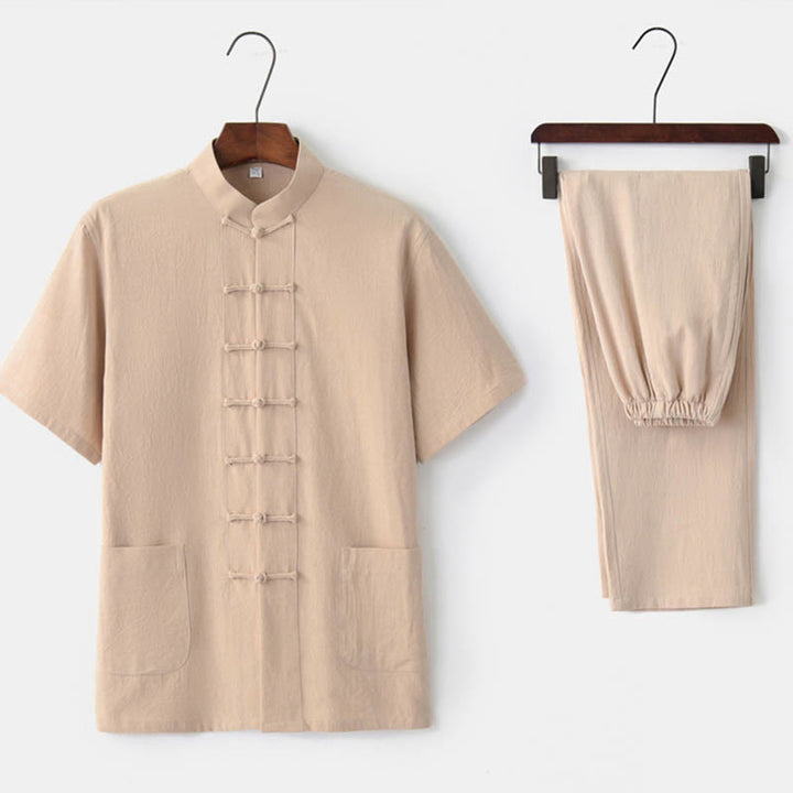 Buddha Stones Solid Color Frog-Button Tang Suit Traditional Cotton Linen Short Sleeve Top Pants Clothing Men's Set - Beige(Top&Pants) - US/UK/AU44，EU54 (4XL)  - image 8