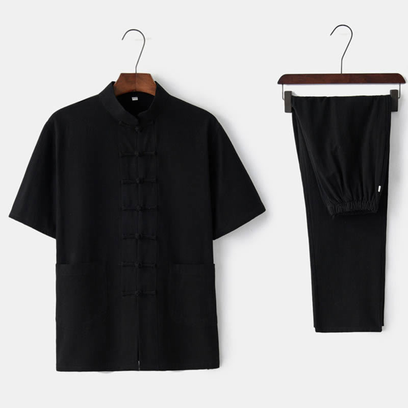Buddha Stones Solid Color Frog-Button Tang Suit Traditional Cotton Linen Short Sleeve Top Pants Clothing Men's Set - Black(Top&Pants) - US/UK/AU44，EU54 (4XL)  - image 6