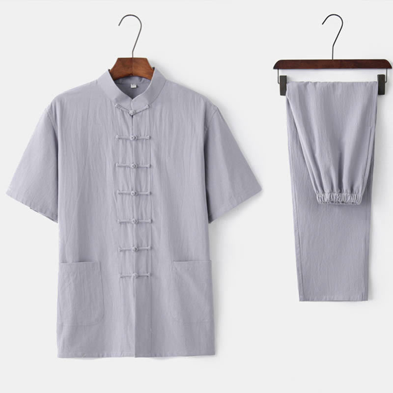 Buddha Stones Solid Color Frog-Button Tang Suit Traditional Cotton Linen Short Sleeve Top Pants Clothing Men's Set - Gray(Top&Pants) - US/UK/AU44，EU54 (4XL)  - image 2