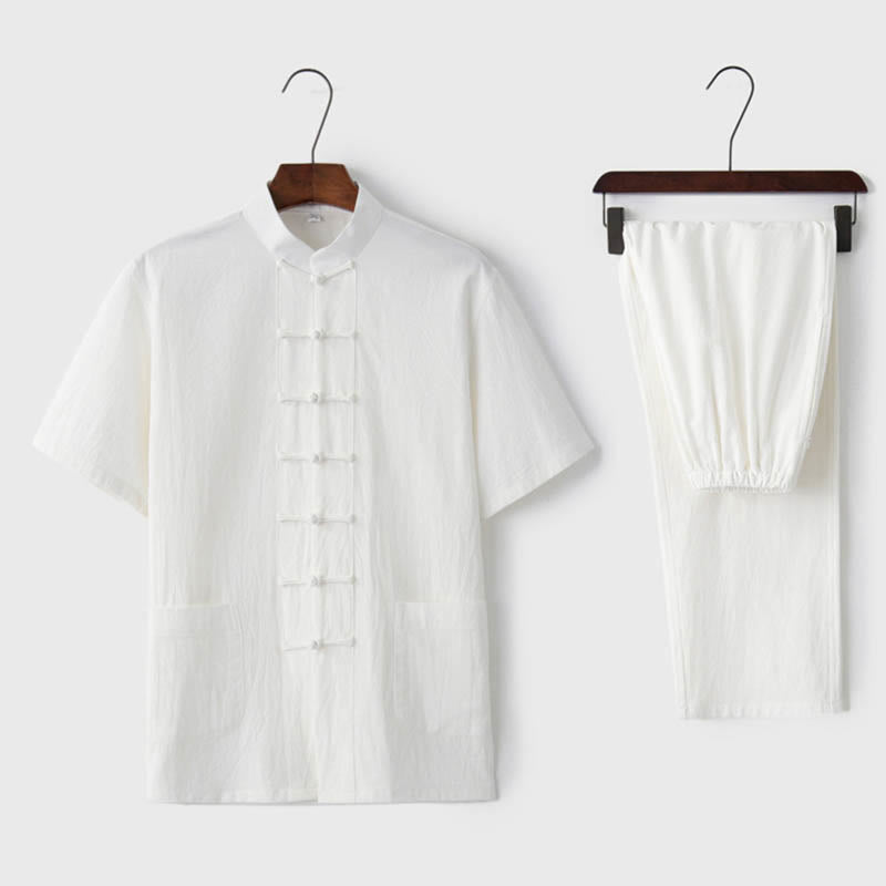 Buddha Stones Solid Color Frog-Button Tang Suit Traditional Cotton Linen Short Sleeve Top Pants Clothing Men's Set - White(Top&Pants) - US/UK/AU44，EU54 (4XL)  - image 5