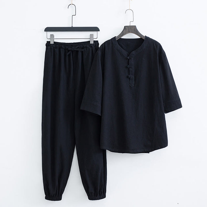 Buddha Stones Solid Color Traditional Cotton Linen Short Sleeve T-shirt Pants Clothing Men's Set - Black(Top&Pants) - US/UK/AU44，EU54 (4XL) - image 9