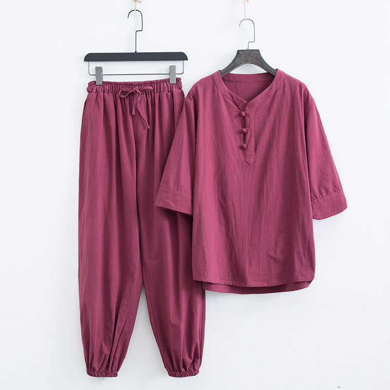 Buddha Stones Solid Color Traditional Cotton Linen Short Sleeve T-shirt Pants Clothing Men's Set - Red(Top&Pants) - US/UK/AU44，EU54 (4XL) - image 14