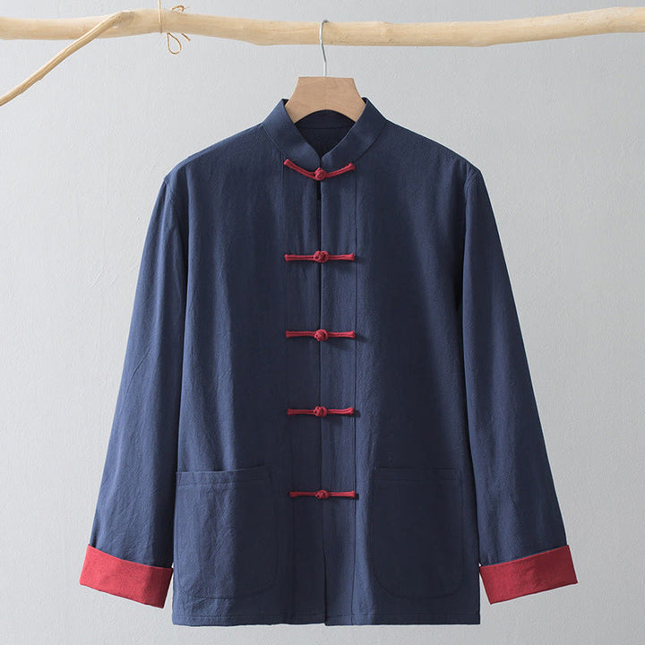 Buddha Stones Frog-Button Chinese Tang Suit Shirt Cotton Linen Men Jacket Clothing - Blue Shirt&Red Frog Button - US/UK/AU44，EU54 (4XL) - image 12
