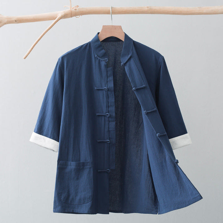 Buddha Stones Frog-Button Chinese Tang Suit Half Sleeve Shirt Cotton Men Clothing With Pockets - Navy Blue - US/UK/AU44，EU54 (4XL) - image 15