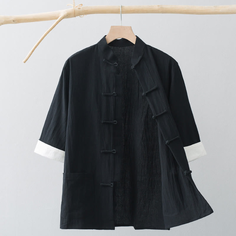 Buddha Stones Frog-Button Chinese Tang Suit Half Sleeve Shirt Cotton Men Clothing With Pockets - Black - US/UK/AU44，EU54 (4XL) - image 11