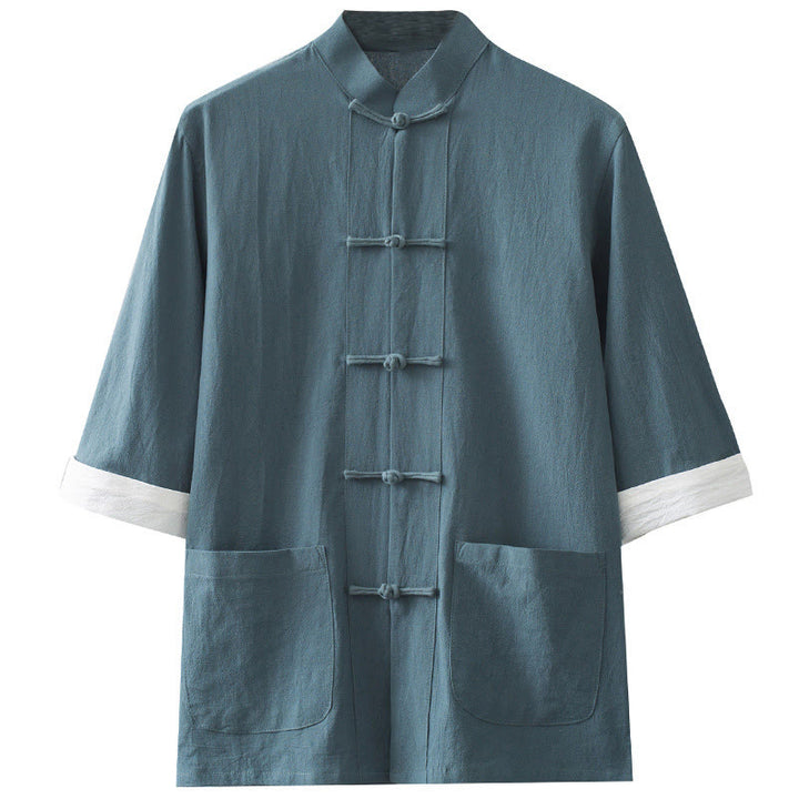 Buddha Stones Frog-Button Chinese Tang Suit Half Sleeve Shirt Cotton Men Clothing With Pockets - image 8