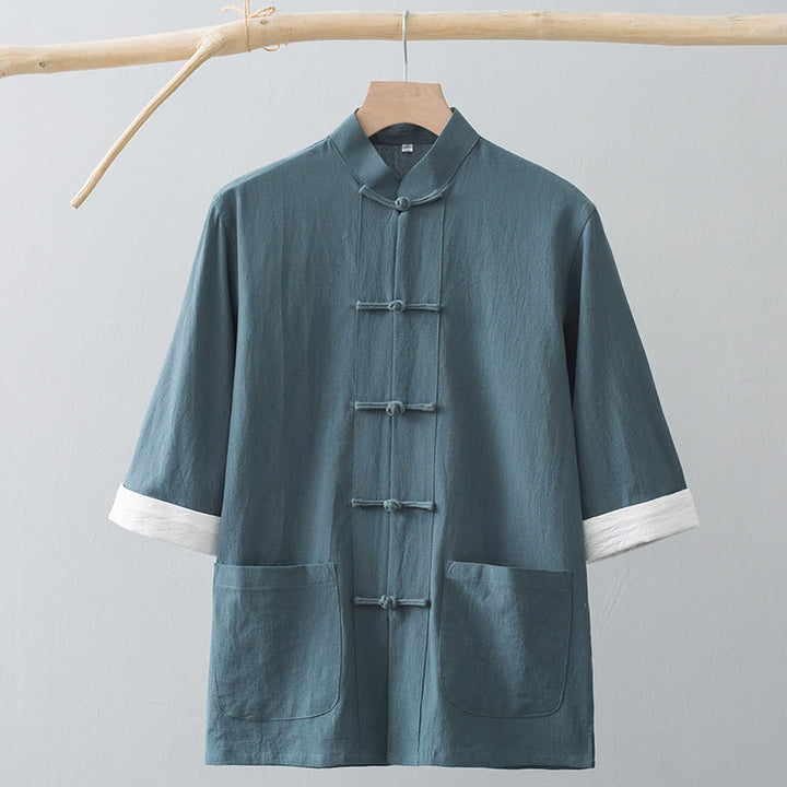 Buddha Stones Frog-Button Chinese Tang Suit Half Sleeve Shirt Cotton Men Clothing With Pockets - image 2