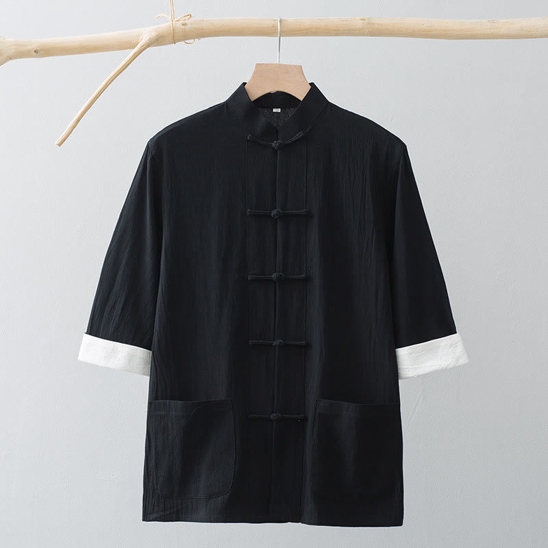 Buddha Stones Frog-Button Chinese Tang Suit Half Sleeve Shirt Cotton Men Clothing With Pockets - image 12