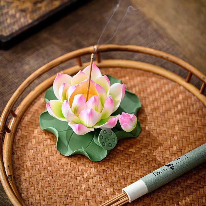 Buddha Stones Lotus Flower Leaf Pod Spiritual Healing Ceramic Stick Incense Burner Decoration