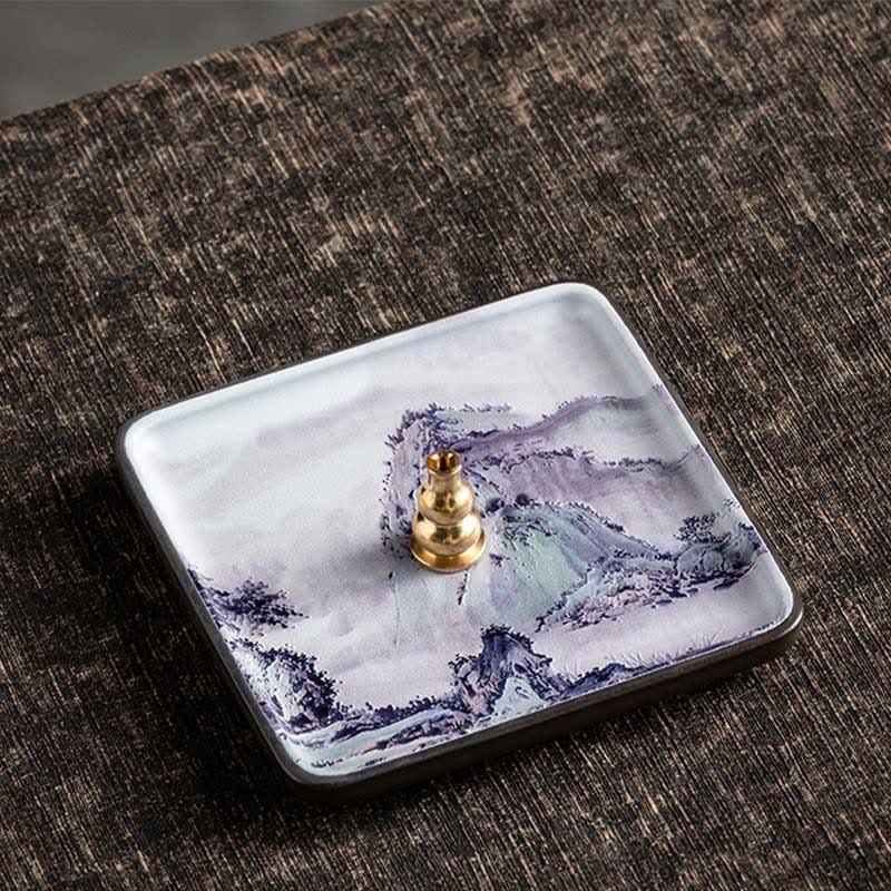 Buddha Stones Mountain Lake Flower Leaf Healing Ceramic Plate Tray Stick Incense Burner Decoration