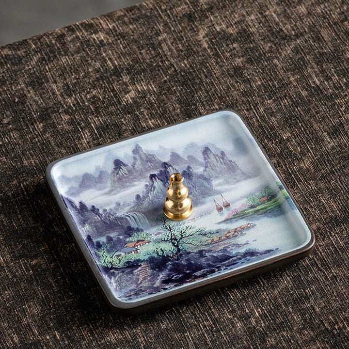 Buddha Stones Mountain Lake Flower Leaf Healing Ceramic Plate Tray Stick Incense Burner Decoration