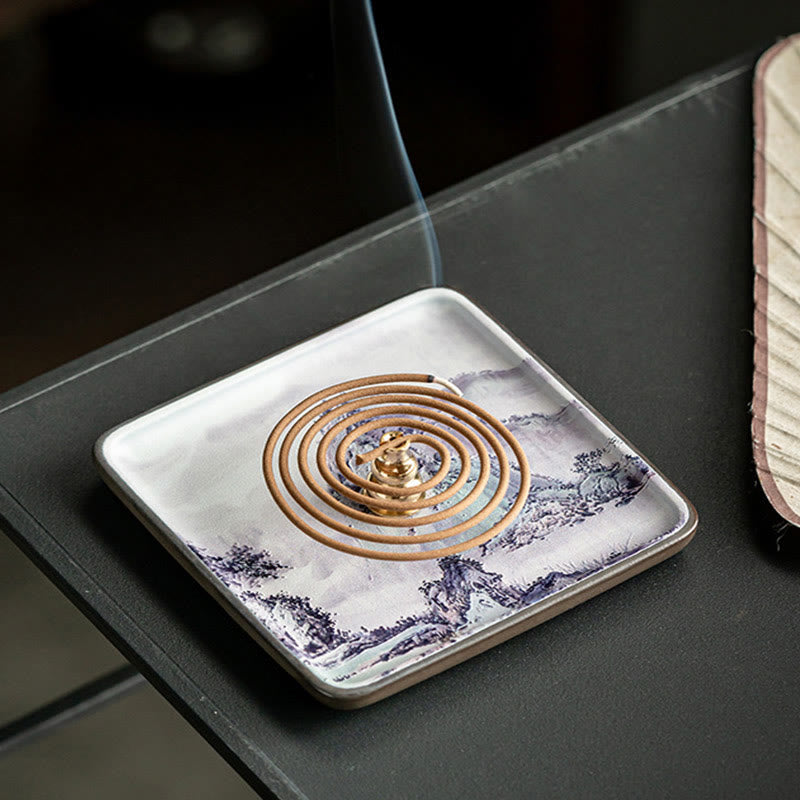 Buddha Stones Mountain Lake Flower Leaf Healing Ceramic Plate Tray Stick Incense Burner Decoration