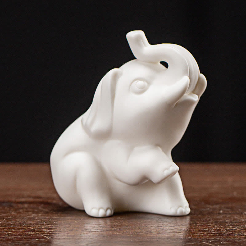 Buddha Stones Small Elephant Statue White Porcelain Ceramic Strength Home Desk Decoration