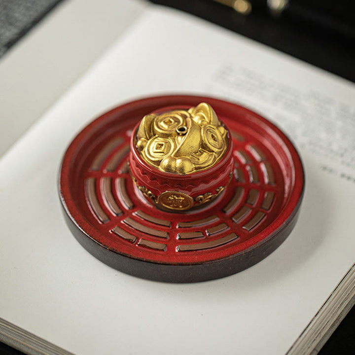 Buddha Stones Small Treasure Bowl Lucky Bag Bagua Tray Healing Ceramic Stick Incense Burner Decoration