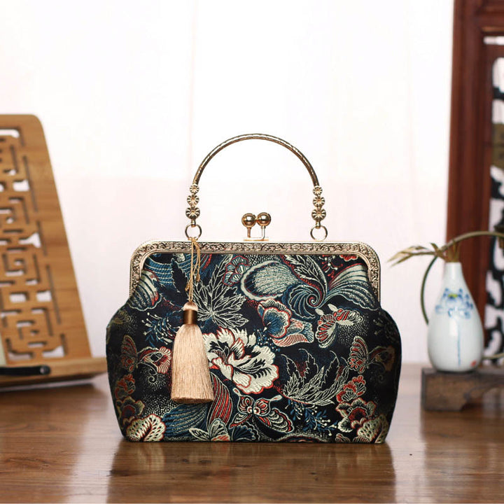 Buddha Stones Vintage Flower Butterfly Crane Sea Waves Metal Chain Crossbody Bag Shoulder Bag Handbag