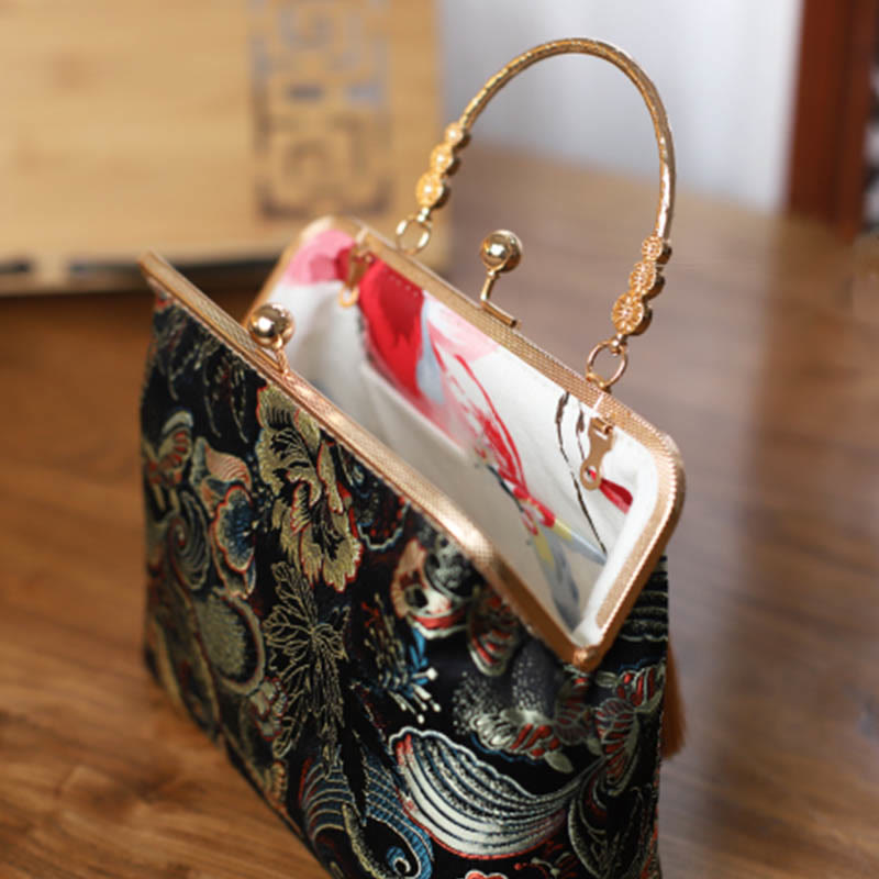 Buddha Stones Vintage Flower Butterfly Crane Sea Waves Metal Chain Crossbody Bag Shoulder Bag Handbag