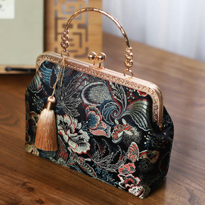 Buddha Stones Vintage Flower Butterfly Crane Sea Waves Metal Chain Crossbody Bag Shoulder Bag Handbag