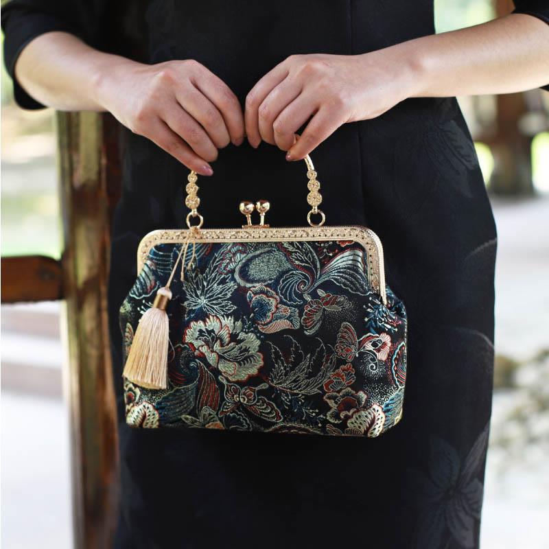 Buddha Stones Vintage Flower Butterfly Crane Sea Waves Metal Chain Crossbody Bag Shoulder Bag Handbag