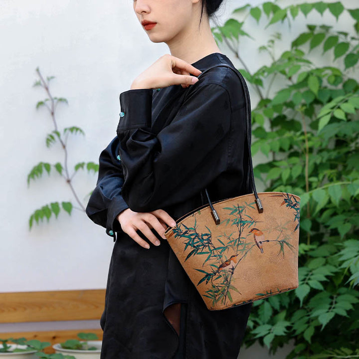 Buddha Stones Vintage Bamboo Magpie Peony Butterfly Large Capacity Shoulder Bag Handbag