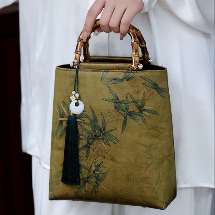 Buddha Stones Yellow Green Bamboo Leaves Bamboo Handles Handbag