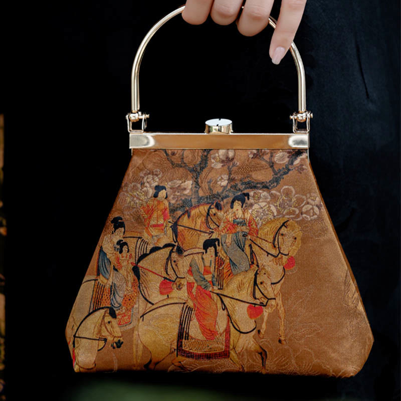 Buddha Stones Painting of Lady of Guoguo on a Spring Outing Metal Handle Handbag