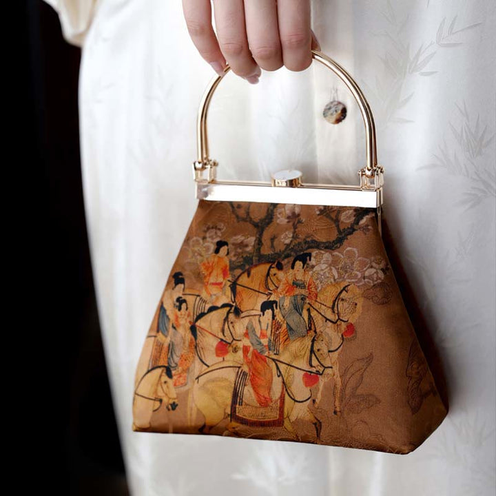 Buddha Stones Painting of Lady of Guoguo on a Spring Outing Metal Handle Handbag