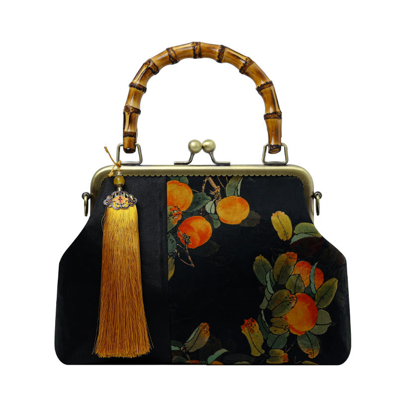 Buddha Stones Leaves Bird Branches Persimmon Flowers Bamboo Handles Handbag