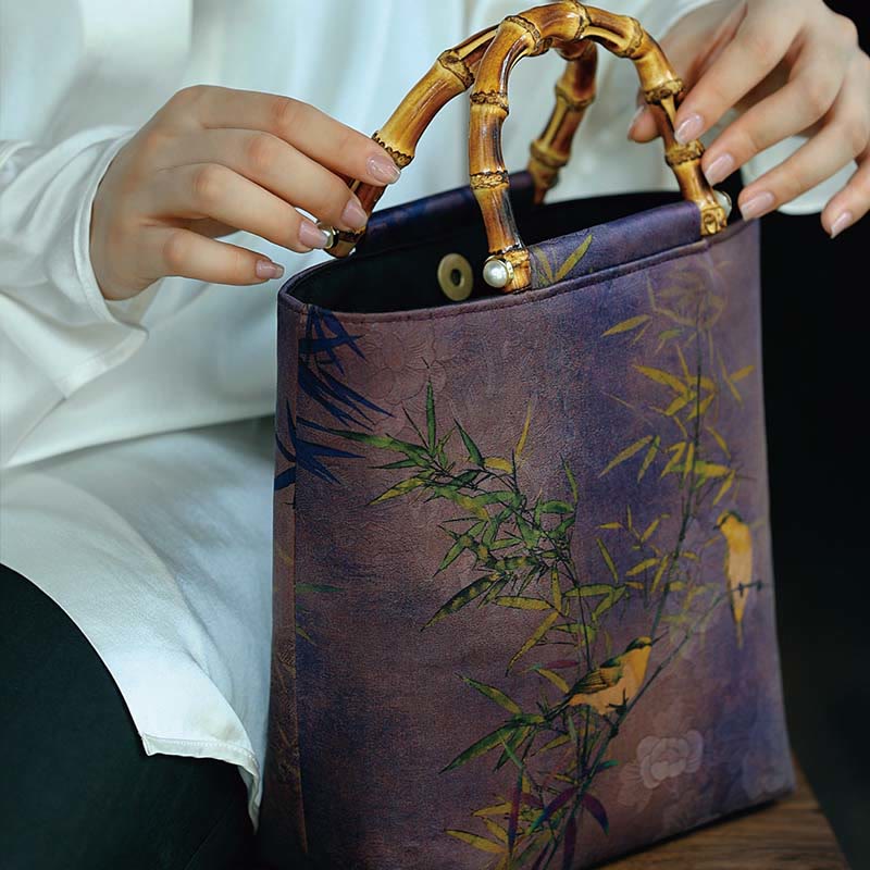 Buddha Stones Purple Magpie Birds Branches Bamboo Handles Handbag