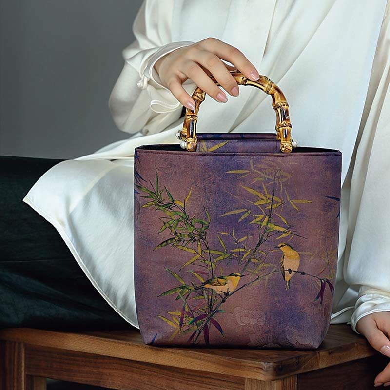 Buddha Stones Purple Magpie Birds Branches Bamboo Handles Handbag