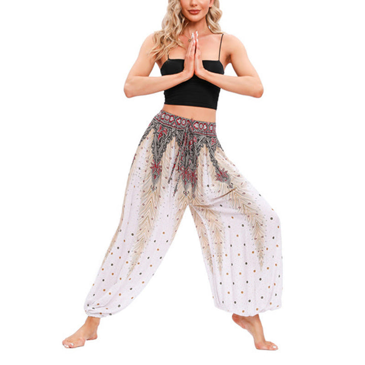 Buddha Stones Peacock Feather Pattern Loose Harem Trousers Women's Yoga Pants