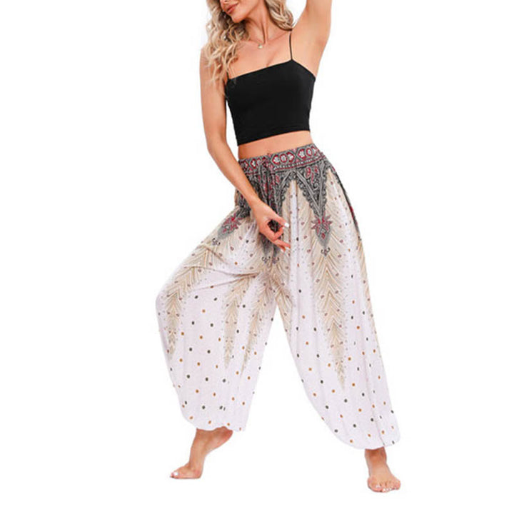 Buddha Stones Peacock Feather Pattern Loose Harem Trousers Women's Yoga Pants