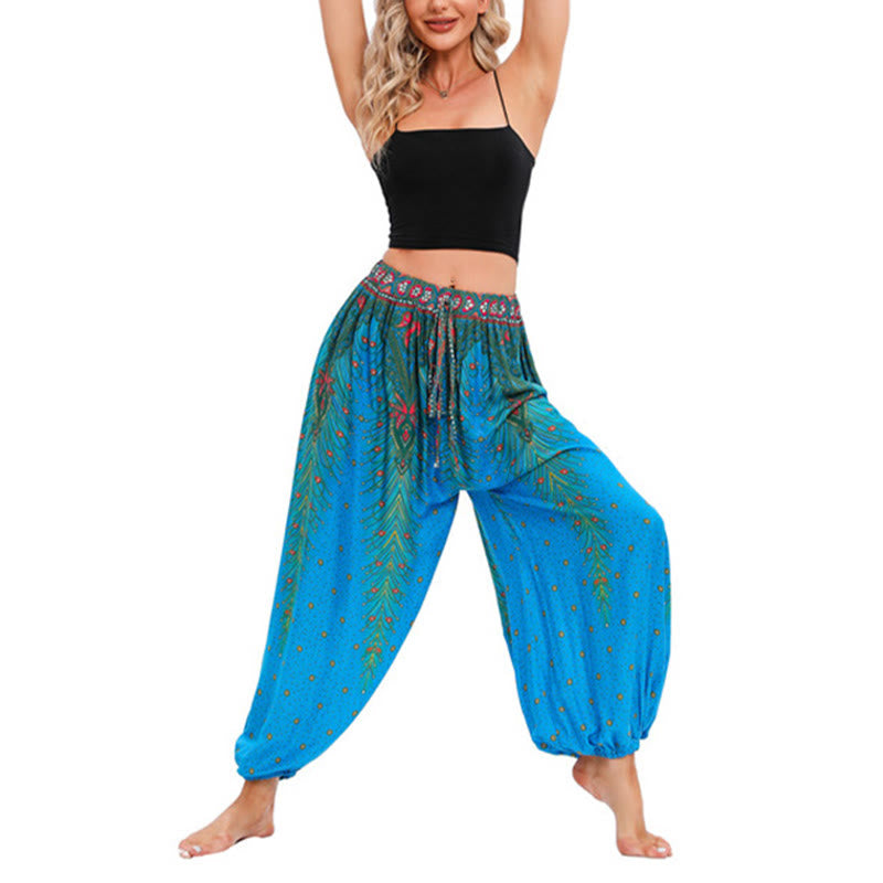 Buddha Stones Peacock Feather Pattern Loose Harem Trousers Women's Yoga Pants